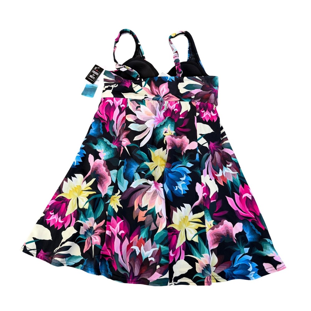 Swim Solutions Floral V-Neck Tie-Front Swimdress Black Pink Blue Beach‎ Size 8 - Picture 5 of 7